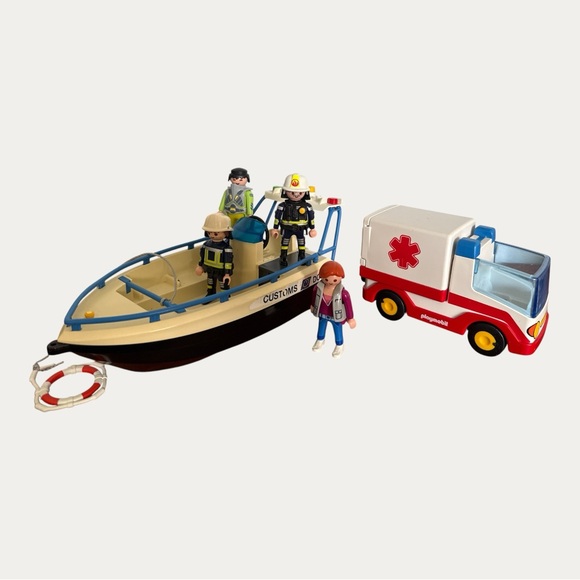Vintage 1990's Playmobil 4 Figures Firemen First Aid & Customs Boat Ambulance - Picture 3 of 12